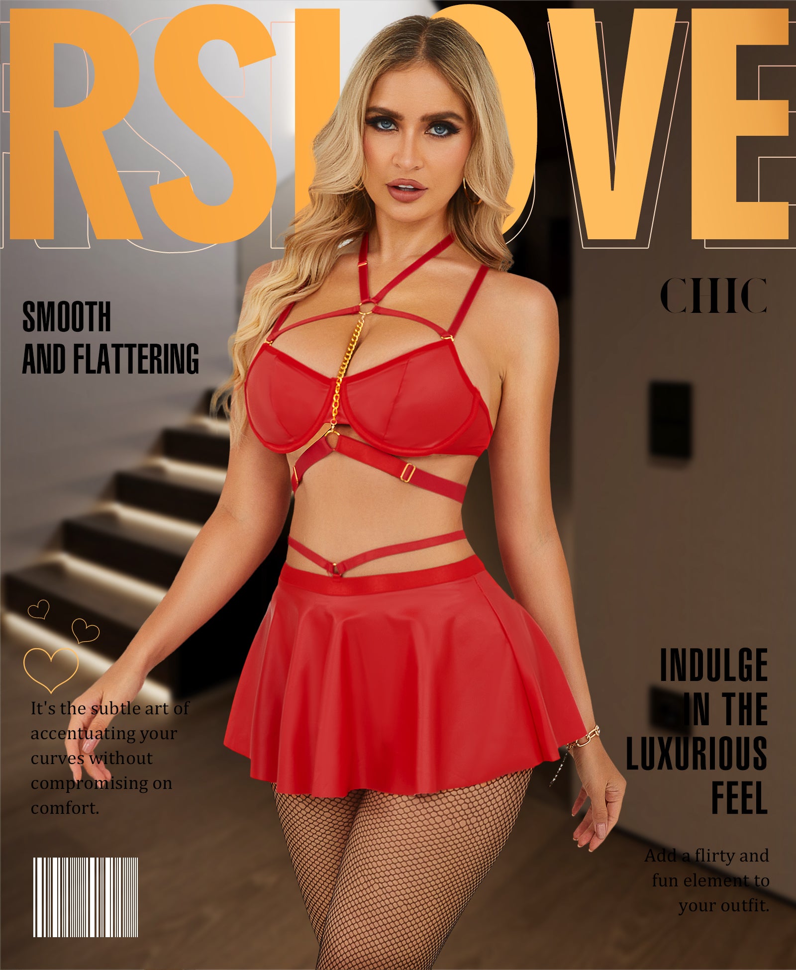 RSLOVE Lingerie Set completo push-up con minigonna nero effetto pelle
