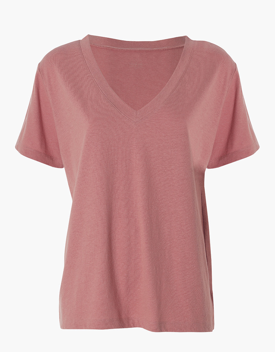 Lovable Basic Soul Maglia manica corta scollo a V rosa polvere 2/S cotone e lino