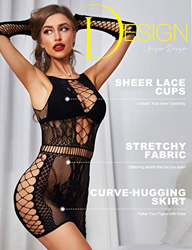 RSLOVE Fishnet Chemise Cut-Out Dress abito lingerie Nero taglia unica con guanti