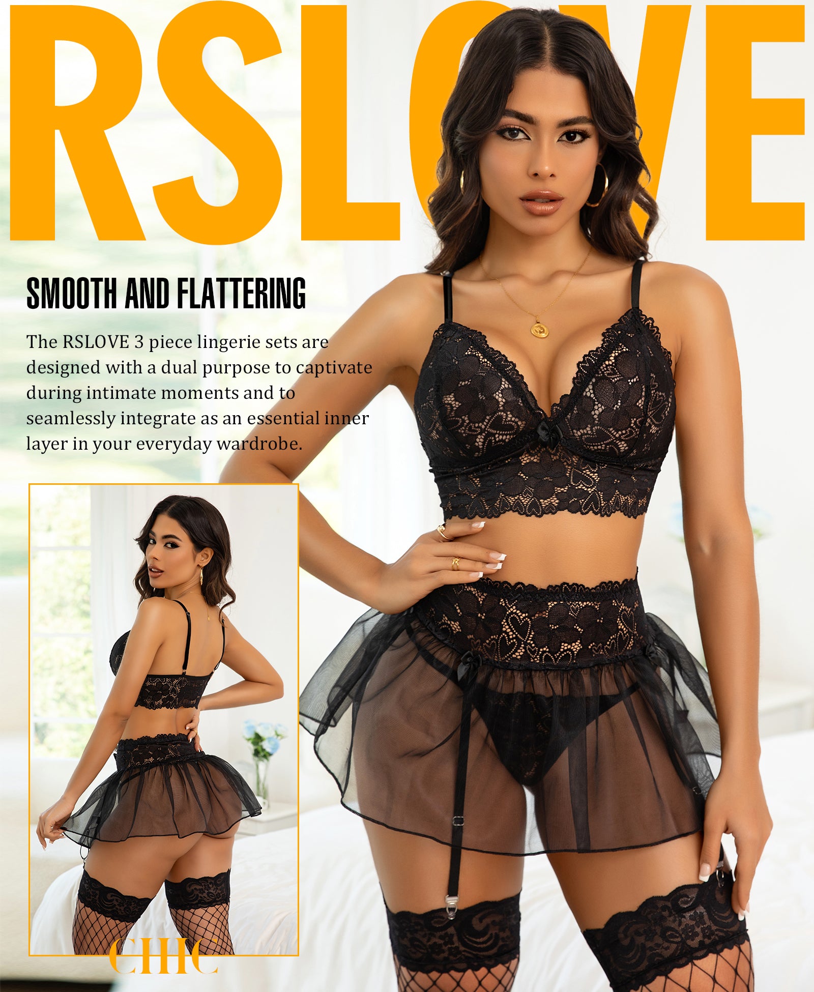 RSLOVE Garter Belt 3 Piece completo lingerie nero 3 pezzi pizzo