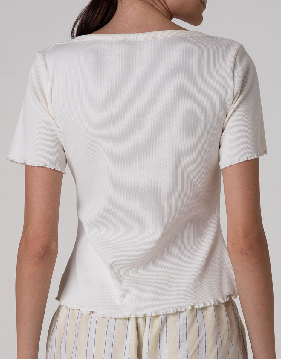 Lovable Basic Soul T-shirt scollo a barchetta in cotone a costine bianco latte