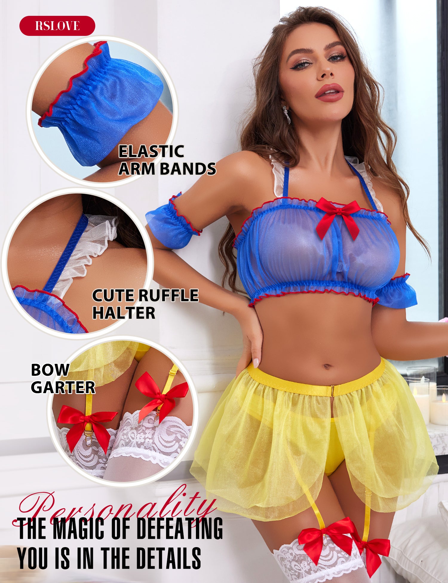 RSLOVE Costumes Princess Cosplay Halloween lingerie blu giallo 4 pezzi
