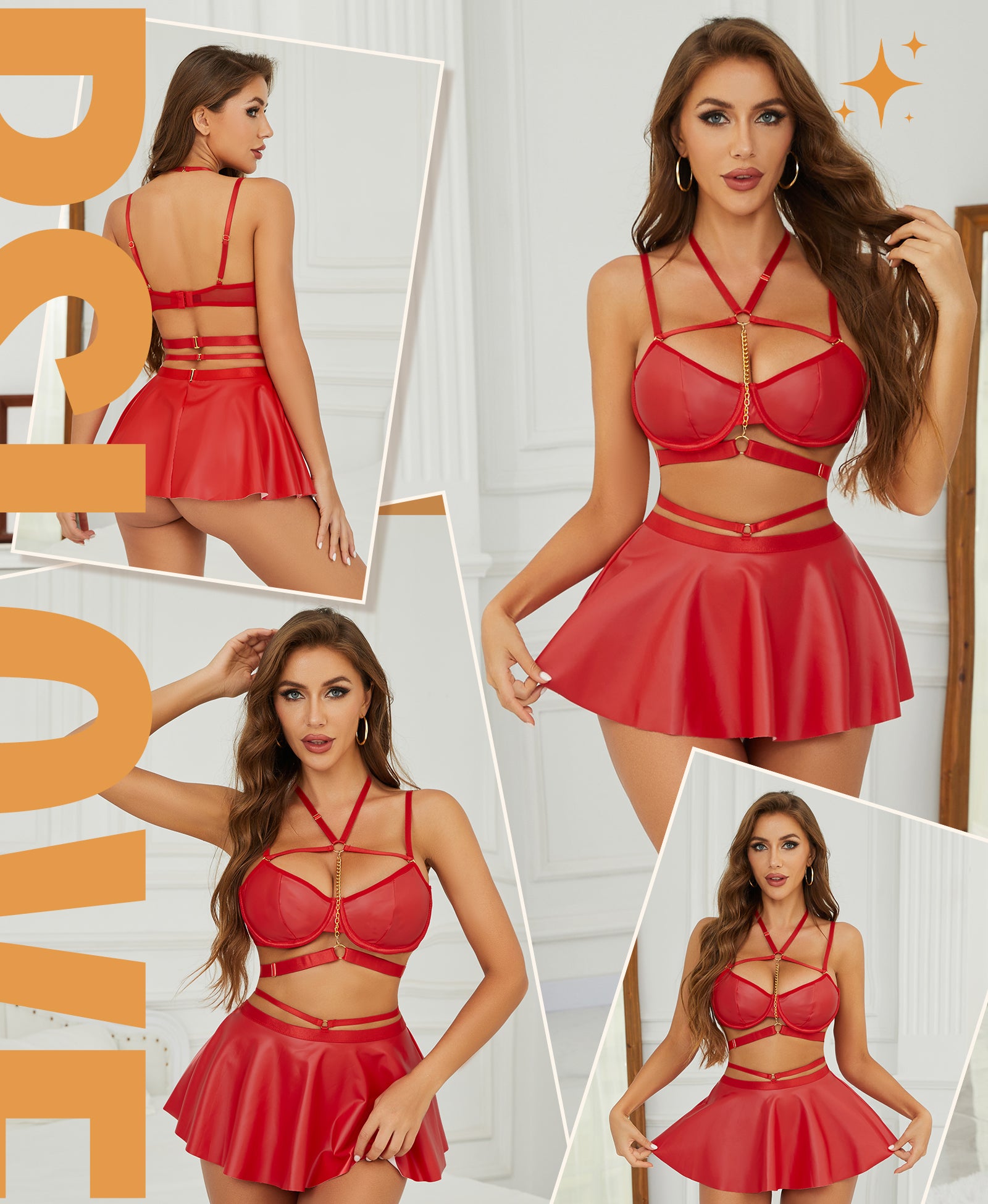 RSLOVE Lingerie Set completo push-up con minigonna nero effetto pelle