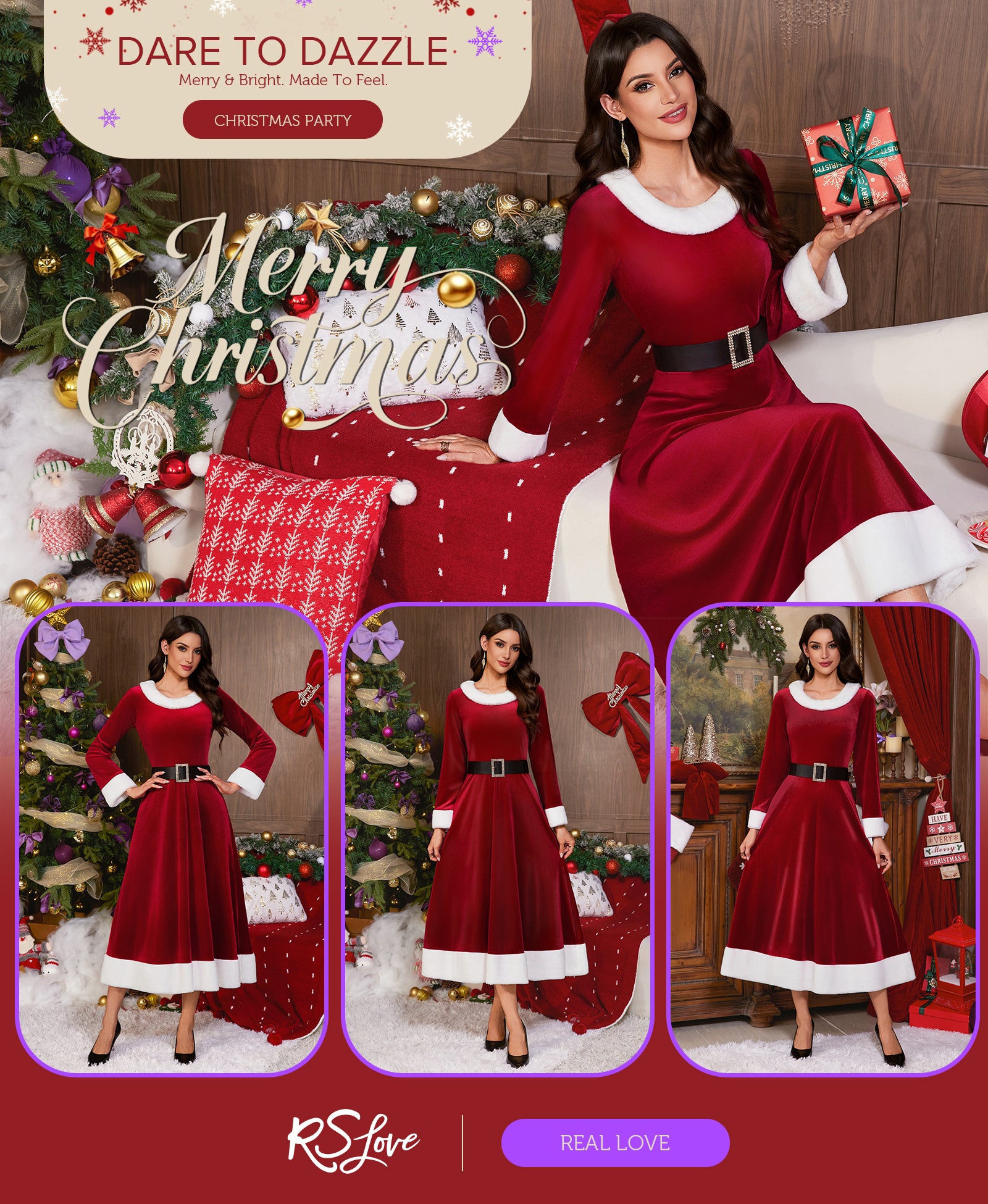 RSLOVE Costumes Mrs Claus Christmas Santa Dress vestito rosso con cintura