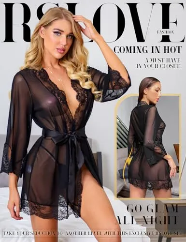 RSLOVE Robe vestaglia kimono in pizzo floreale nera con cintura