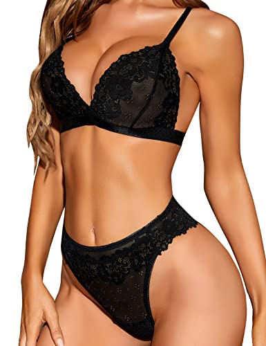 RSLOVE Bra & Panty Sets Floral Lace Demi Cup Bra & Thong completo intimo nero