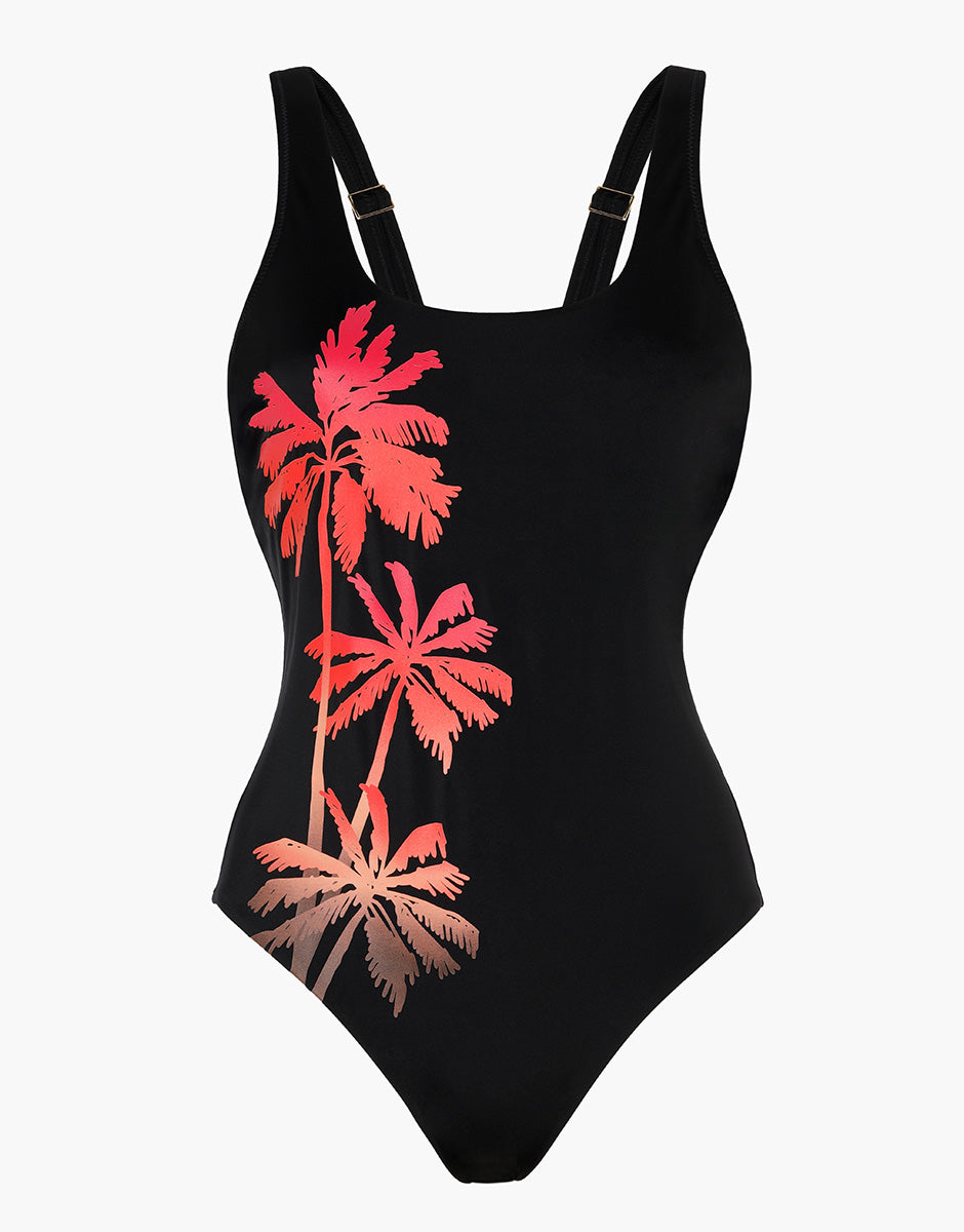 Lovable Glam Shiny Micro Costume intero 3C nero stampa palma modellante