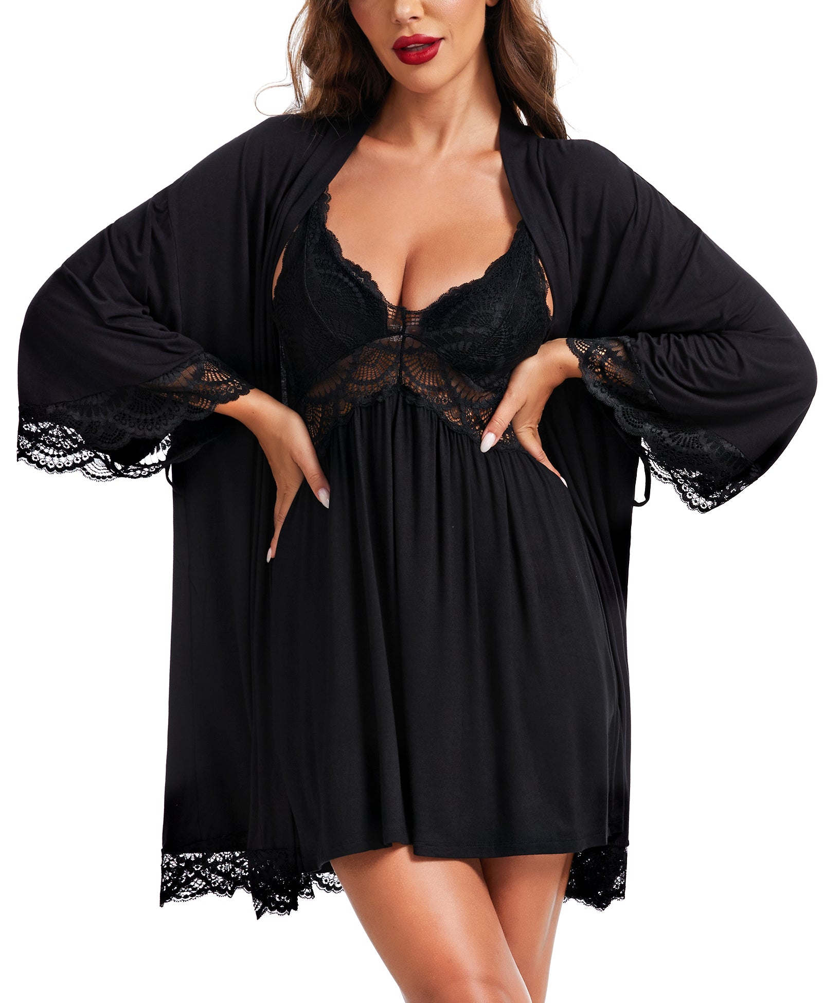 RSLOVE Robe completo vestaglia e sottoveste in modal nero 2 pezzi