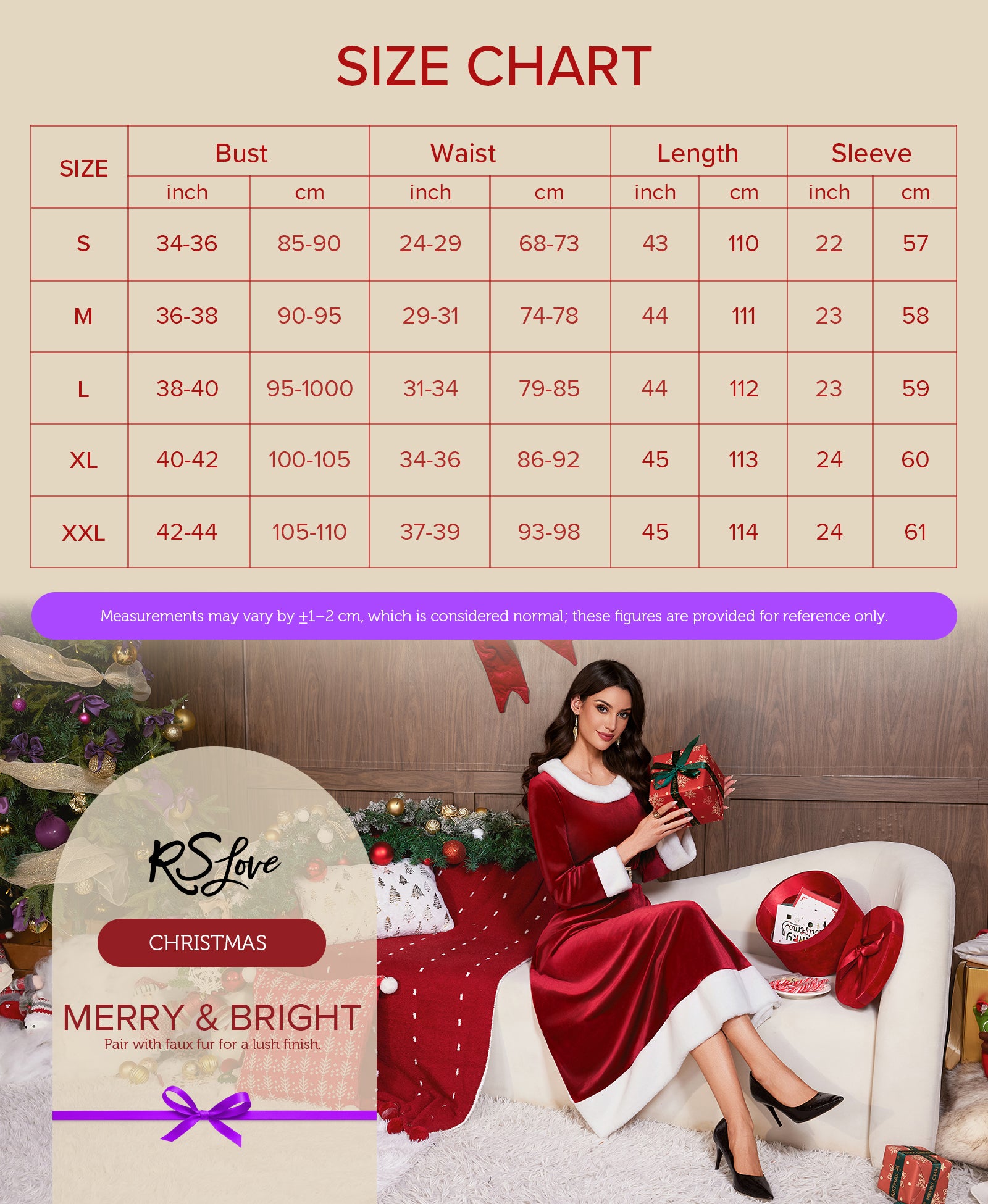 RSLOVE Costumes Mrs Claus Christmas Santa Dress vestito rosso con cintura