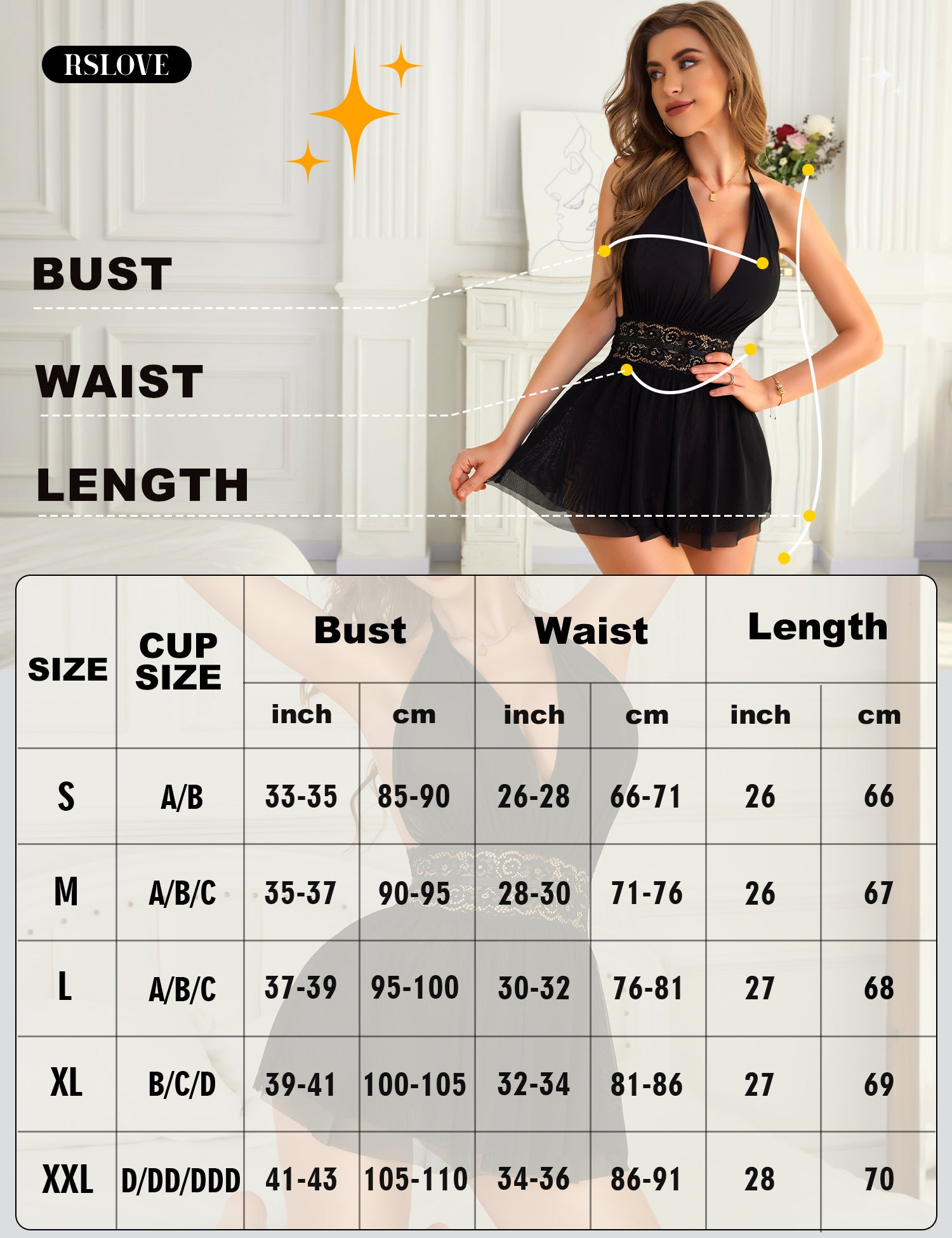 RSLOVE Babydoll Halter Neck Backless Mesh Lace Babydoll camicia da notte