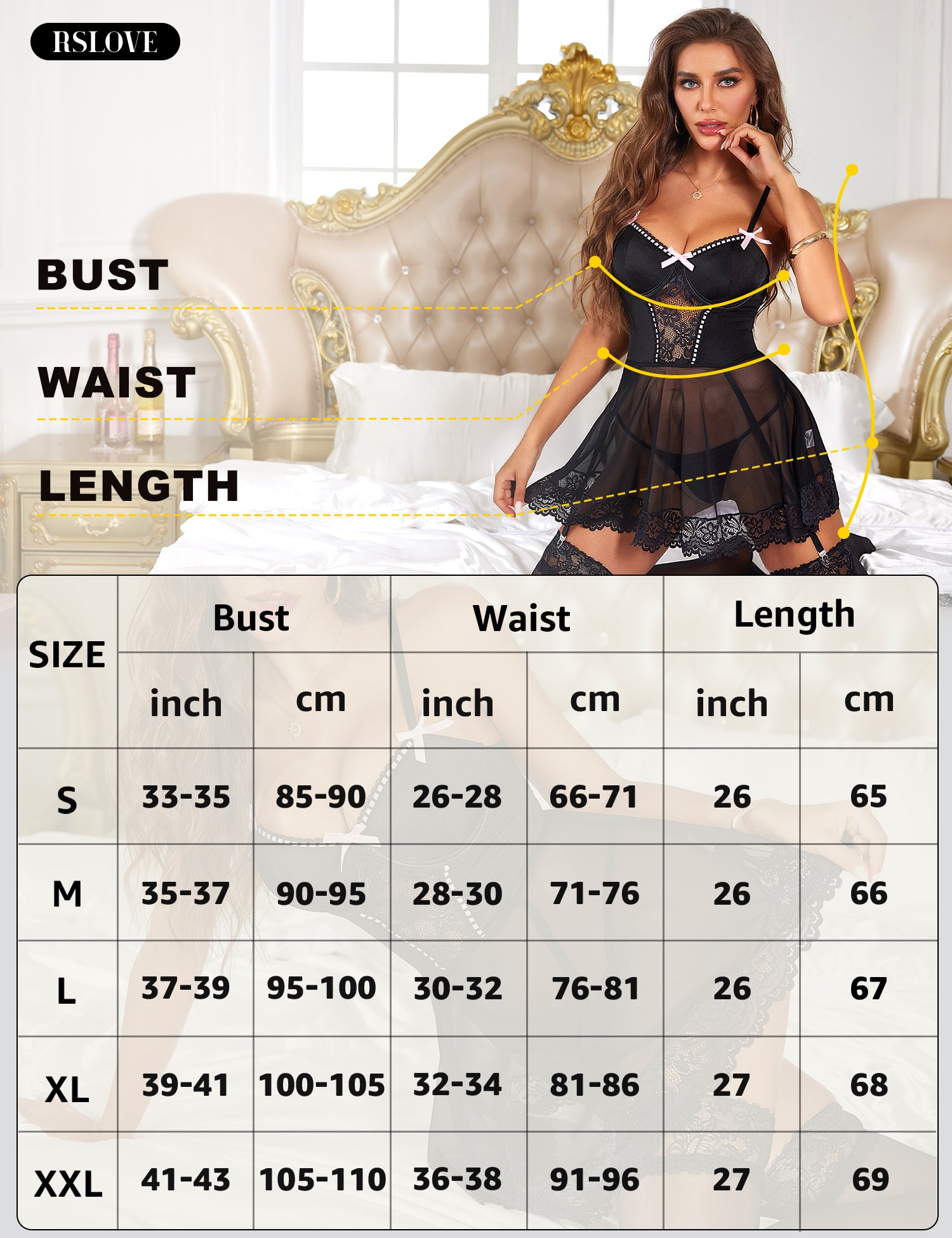 RSLOVE Babydoll babydoll ricamato con reggicalze nero