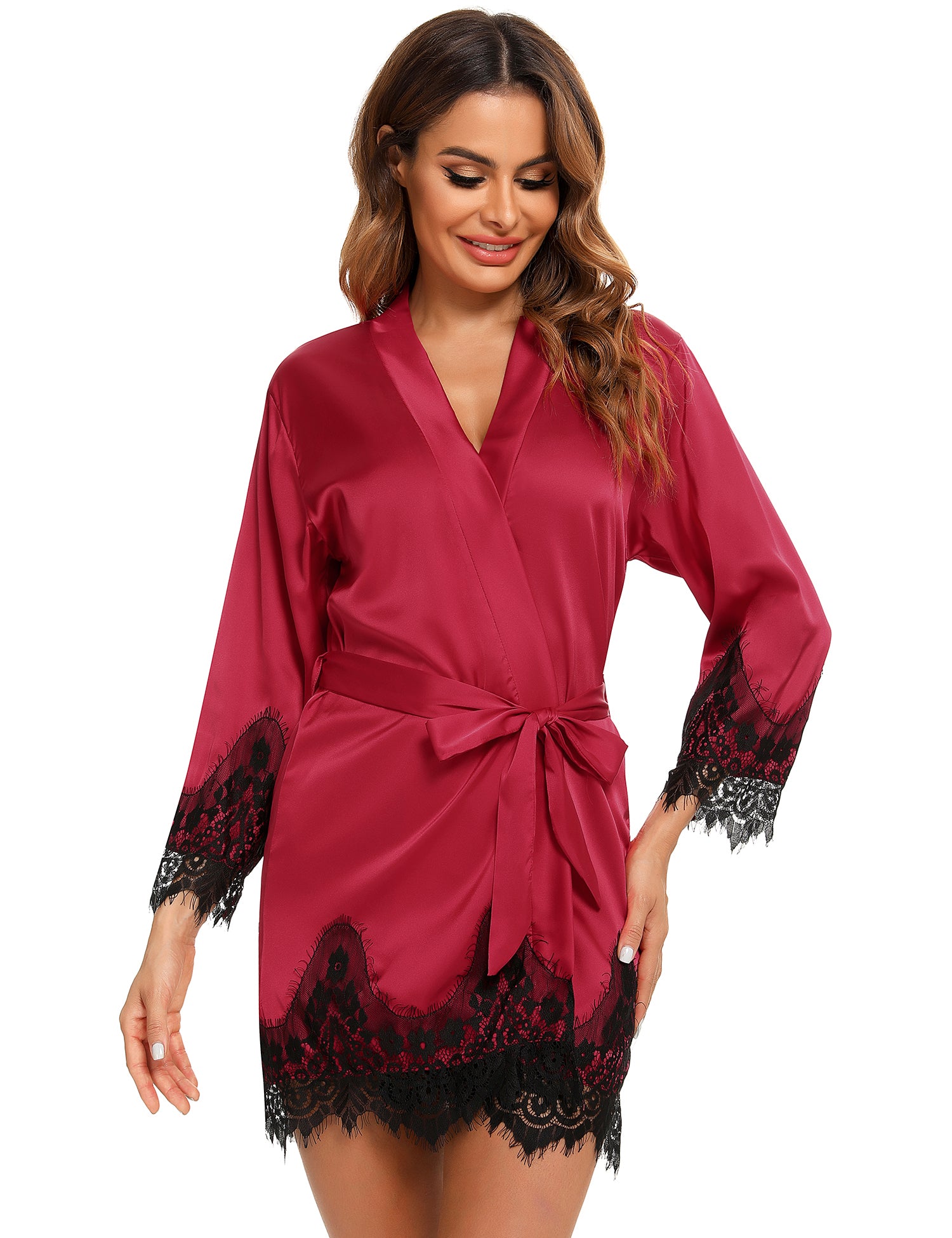 RSLOVE Robe Satin Kimono Robe with Lace Trim & Belt vestaglia raso bianca S