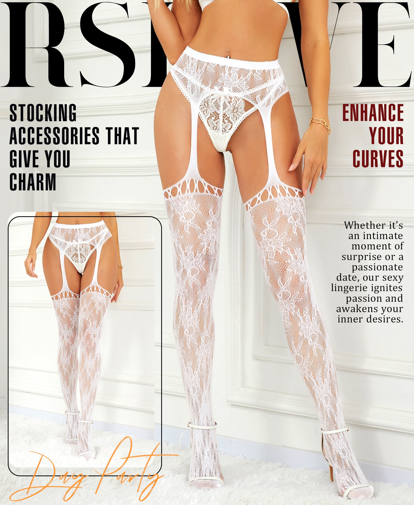 RSLOVE Thigh High Lace Garter Belt Suspender Fishnet calze a rete nere taglia unica