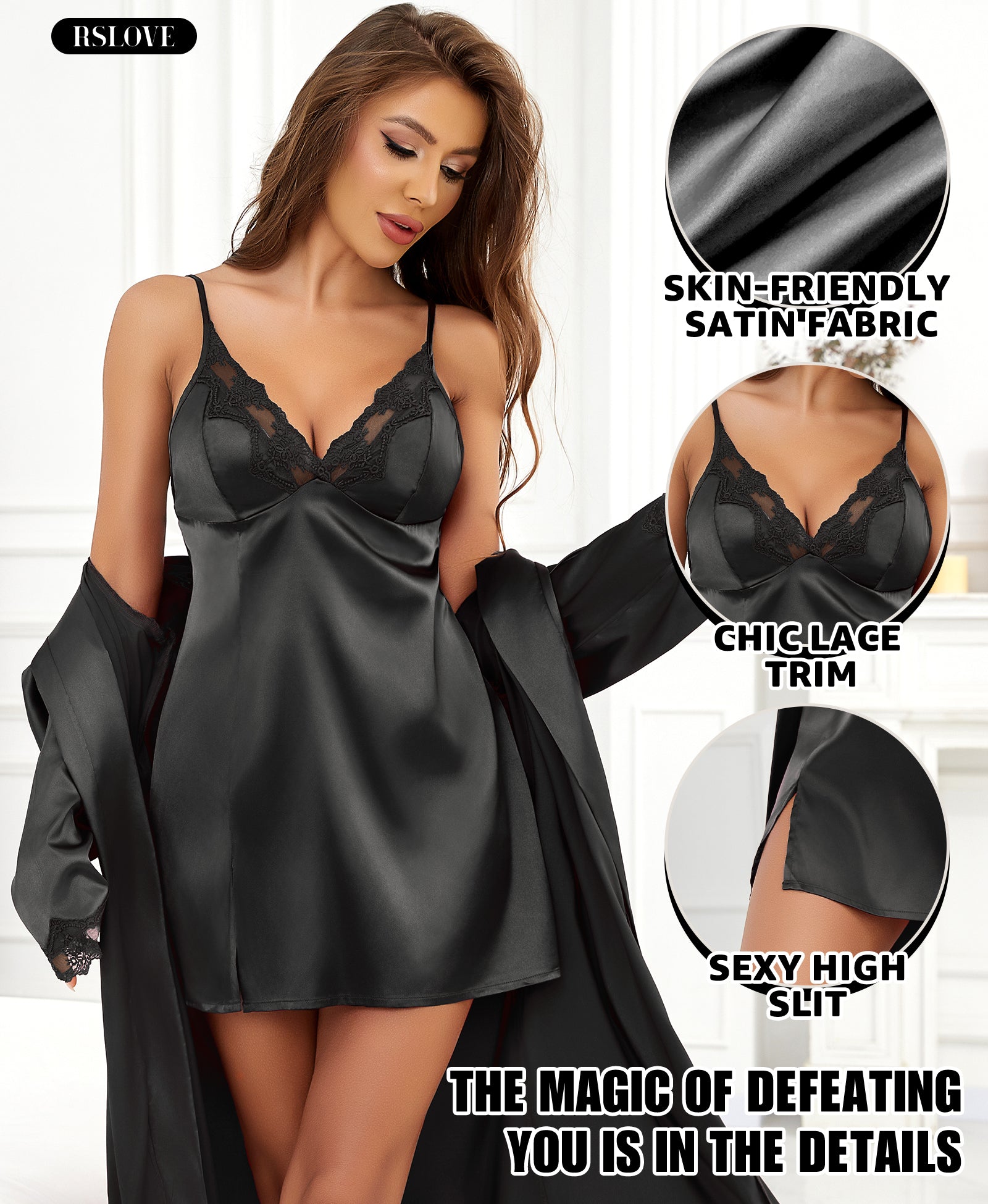 RSLOVE Robe Satin Camisole Nightdress set camicia e vestaglia nero