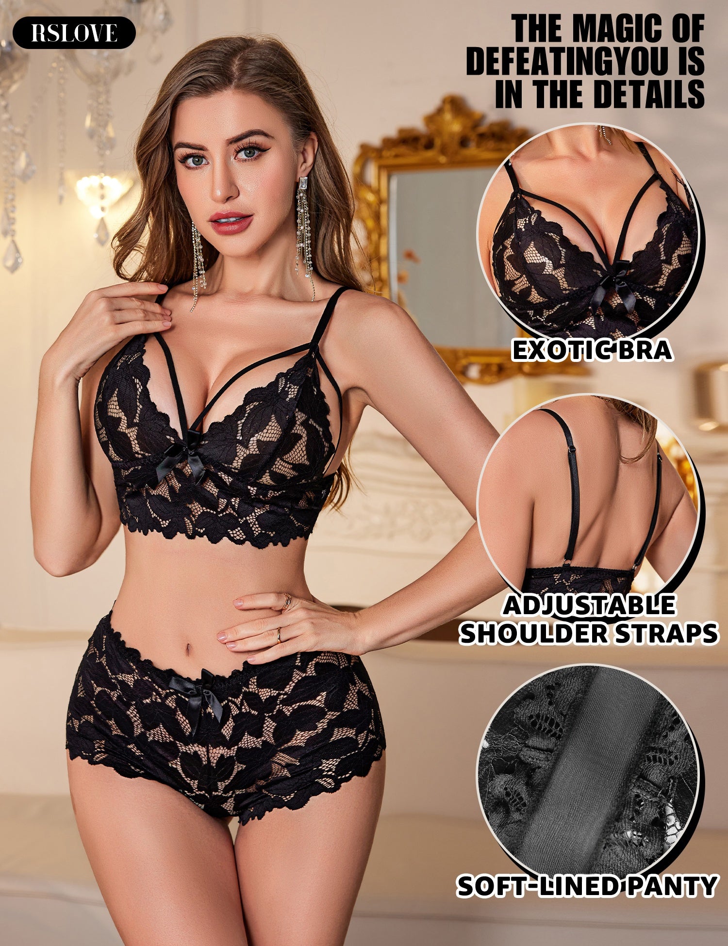 RSLOVE Robe 3 Piece Lace Bra Panty and Kimono completo lingerie nero