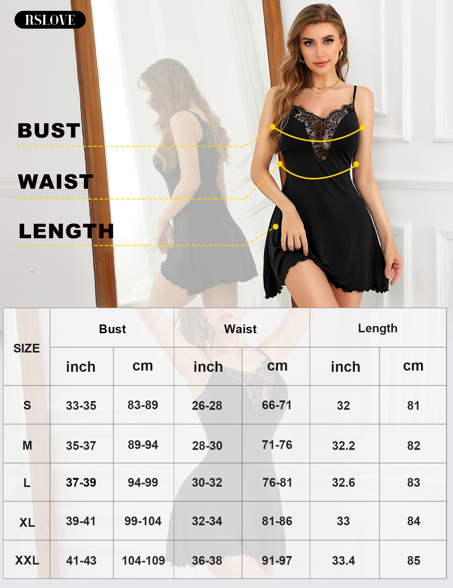 RSLOVE Babydoll Lace V Neck Babydoll Chemise nero taglia S-XXL pizzo