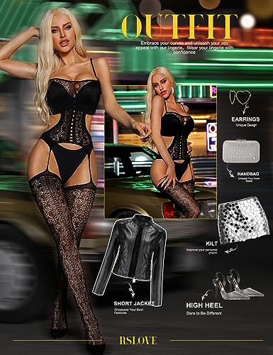 RSLOVE Bodystocking Crotchless Fishnet Bodystocking with Hollow-Out Waist nero
