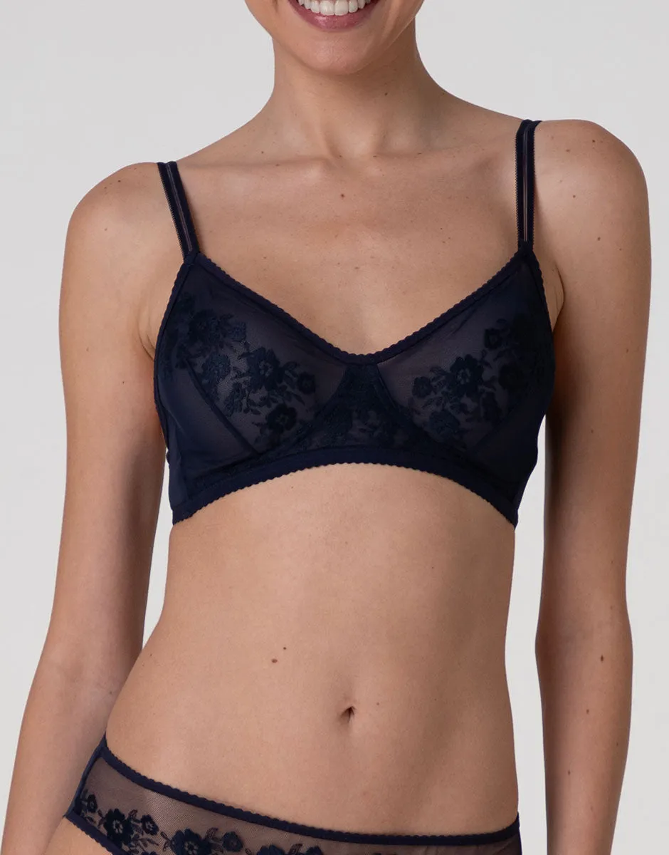 Lovable Garden Flowers Lace Elegant Embroidery reggiseno triangolo blu navy