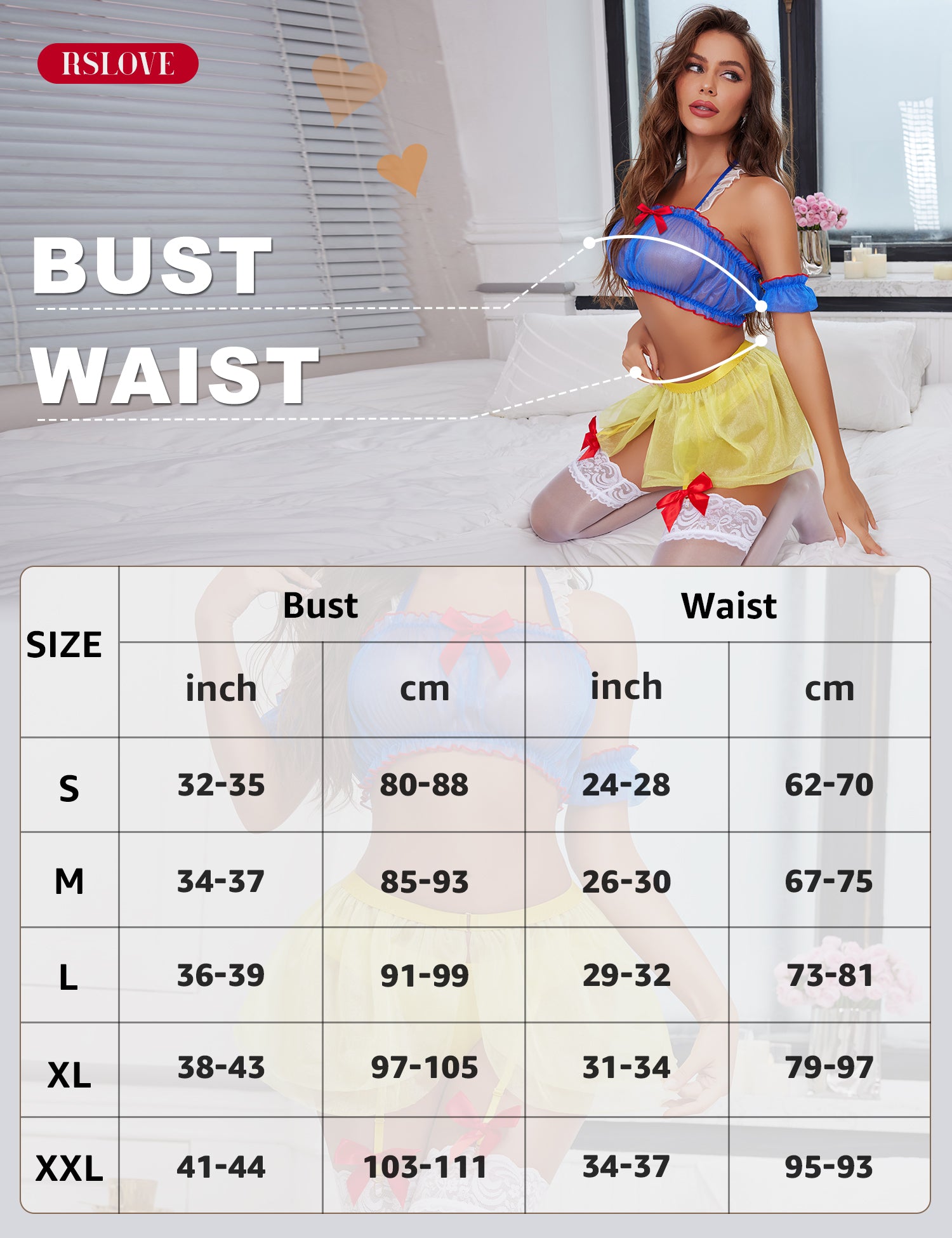 RSLOVE Costumes Princess Cosplay Halloween lingerie blu giallo 4 pezzi