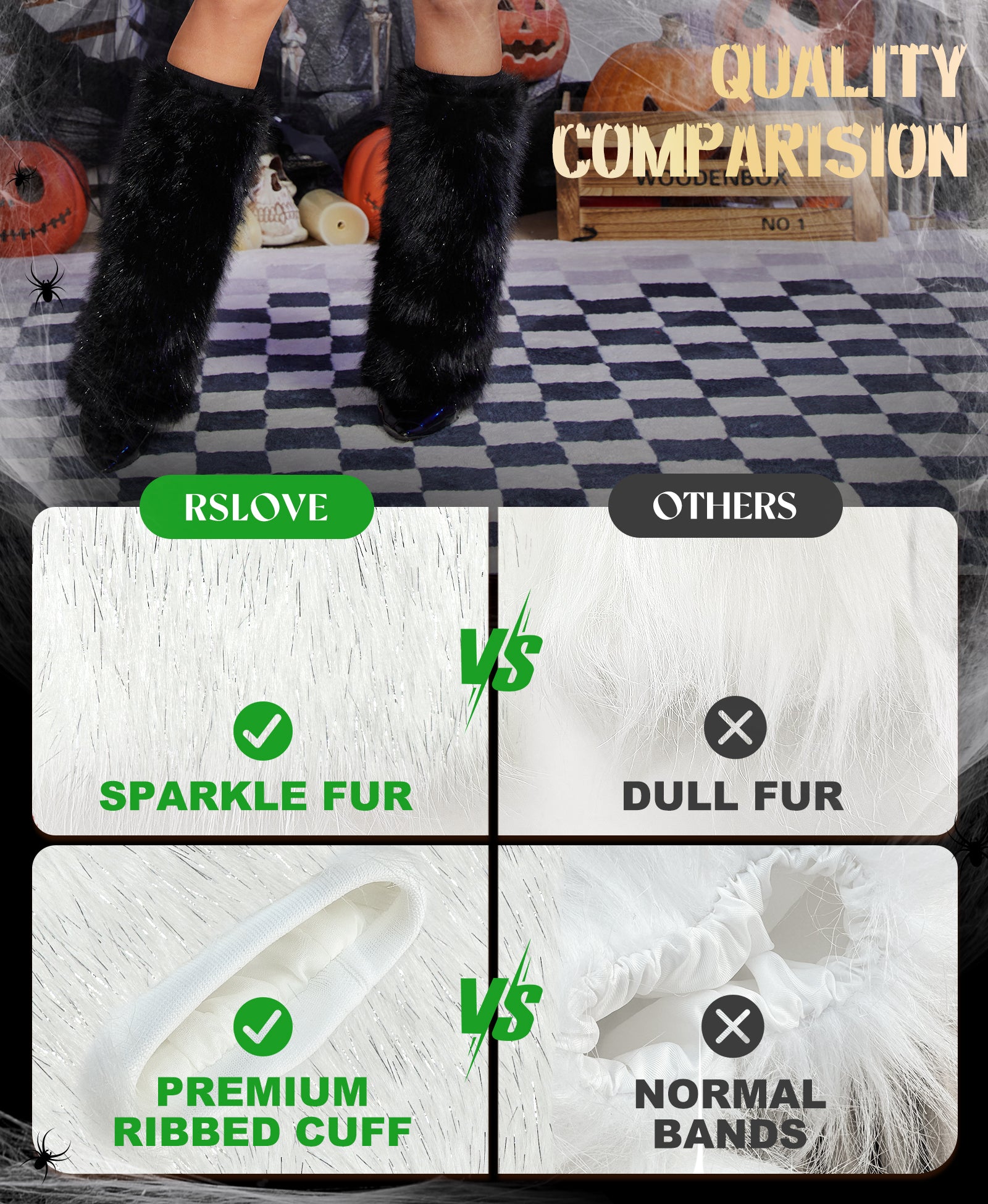 RSLOVE Fashion Extras Shimmering Faux Fur Leg Warmers with Satin Lining scaldamuscoli neri taglia unica