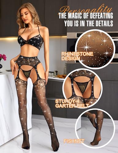 RSLOVE Lingerie Set 3-Piece Rhinestone Halter Bra & Suspender Pantyhose Set lingerie nero taglia unica