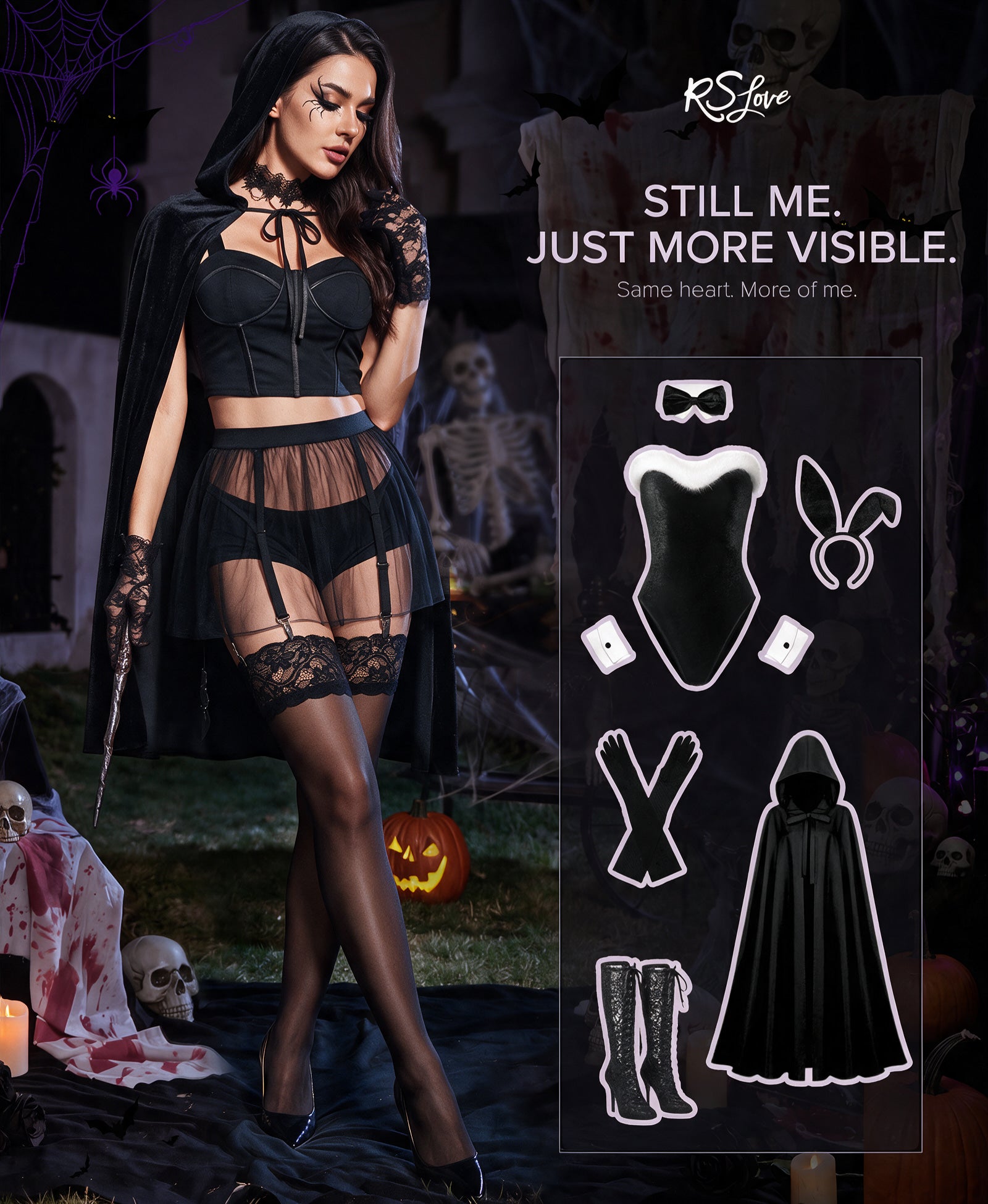 RSLOVE Thigh High Double Silicone Non-Slip Lace Thigh High Stockings autoreggenti nere