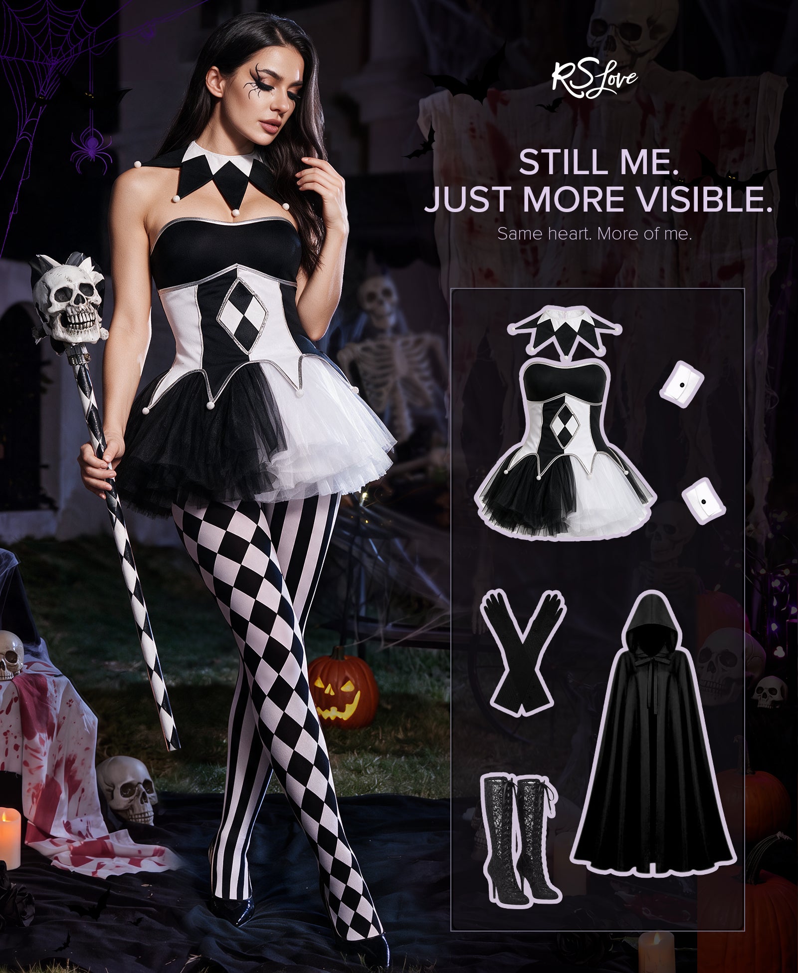 RSLOVE Patterned tights Harlequin Black and White Striped Clown Tights collant nero taglia unica