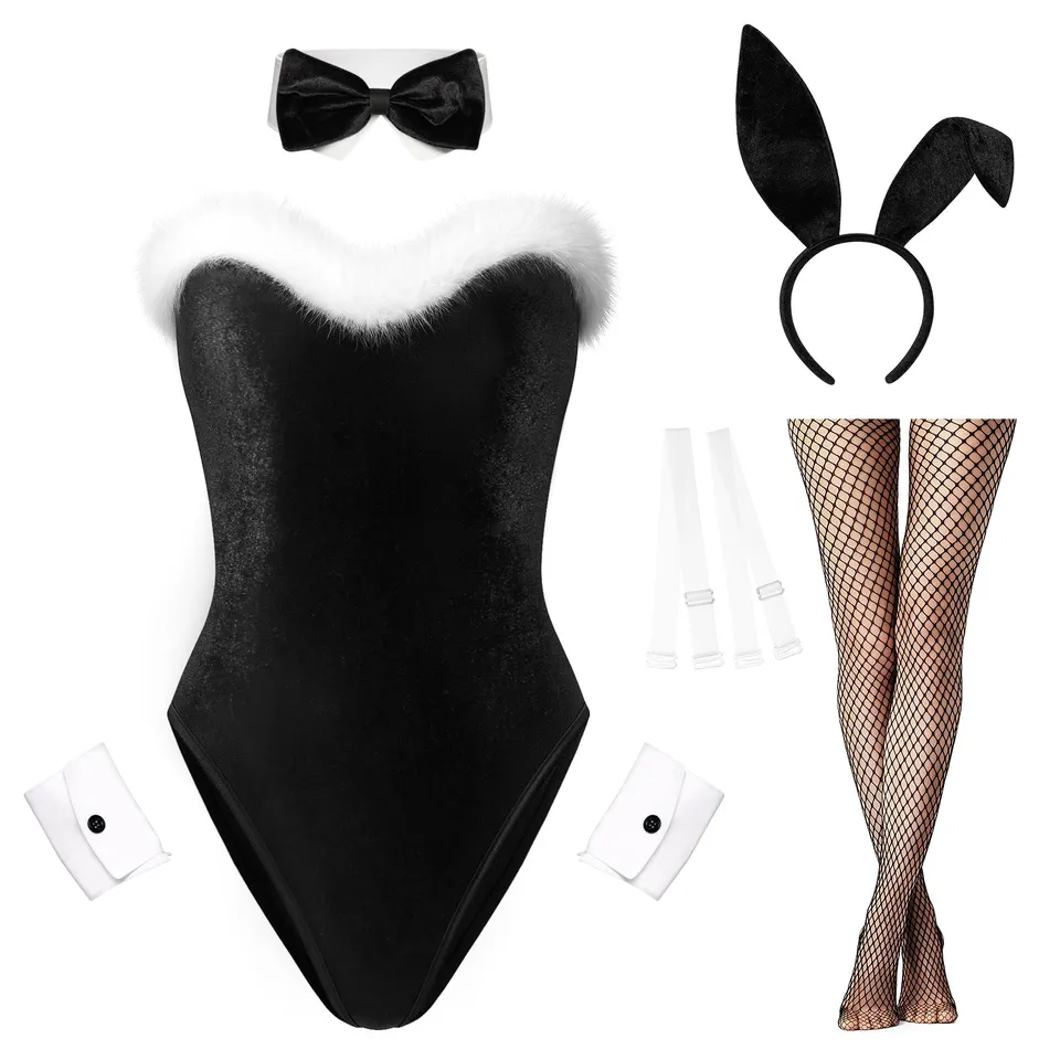 RSLOVE Costumes 7 Piece Bunny Costume Teddy Bodysuit Set body nero