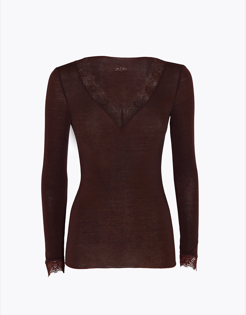 Lovable Invisible Ultralight Ultralight and Warm maglia manica lunga scollo a V cioccolato