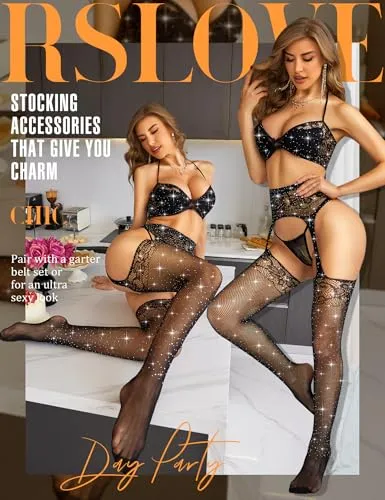 RSLOVE Lingerie Set 3-Piece Rhinestone Halter Bra & Suspender Pantyhose Set lingerie nero taglia unica