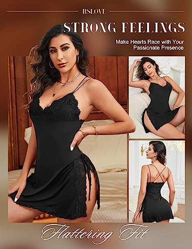RSLOVE Babydoll in pizzo e modal con spacchi laterali, nero, taglia L