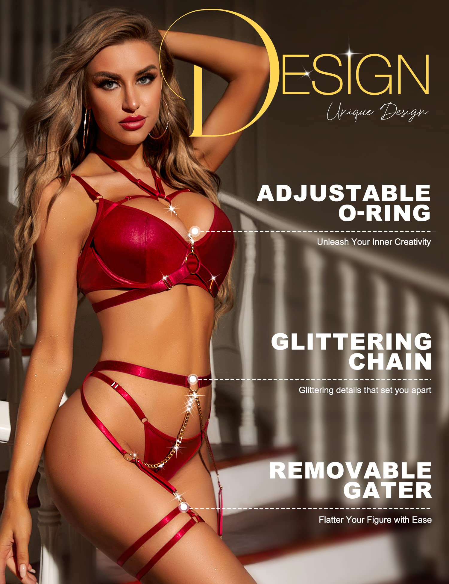 RSLOVE Lingerie Set 6-Piece Chain Garter completo rosso con catene