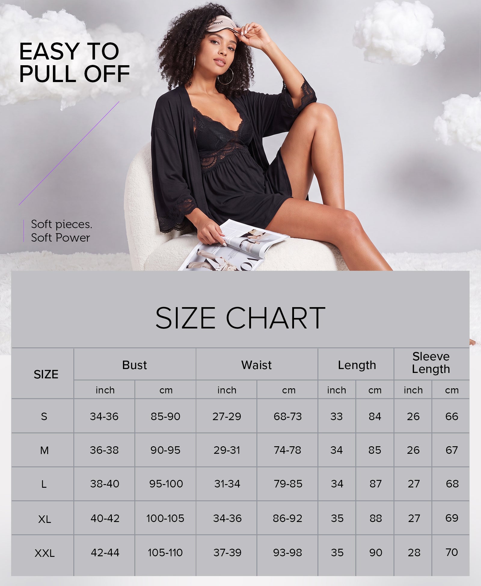 RSLOVE Robe completo vestaglia e sottoveste in modal nero 2 pezzi
