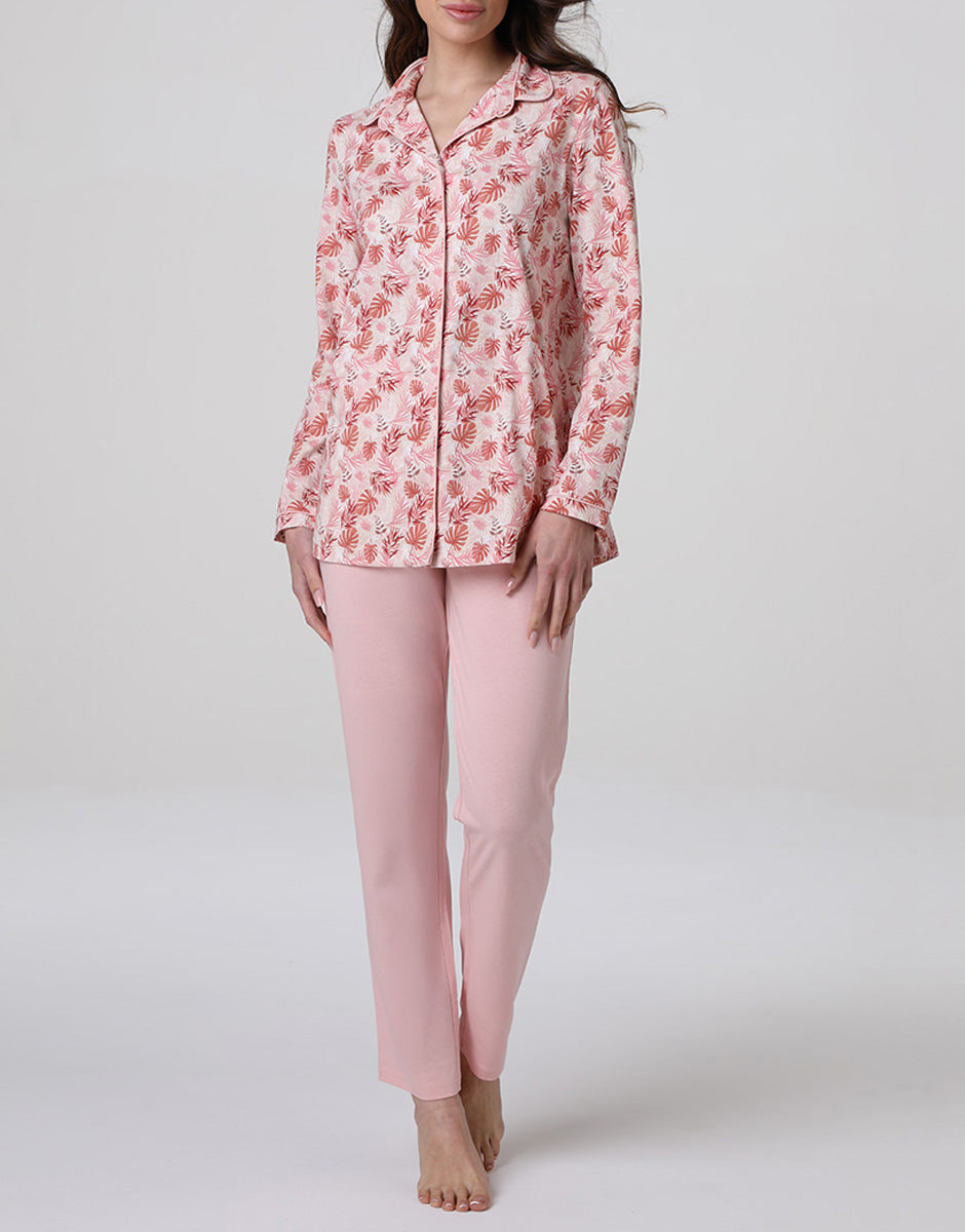 Lovable Basic Soul Pigiama Lungo Aperto in Jersey rosa polvere stampato
