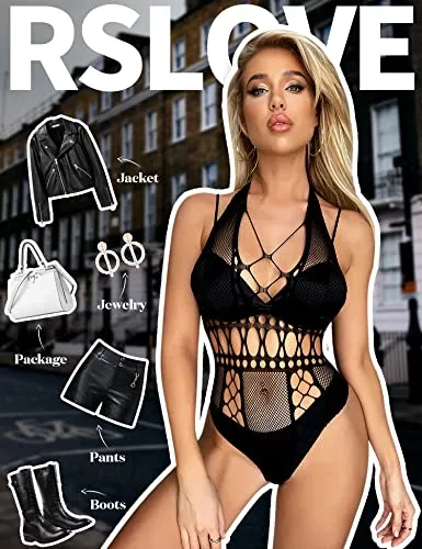 RSLOVE Teddy Backless Lace Mesh Cut-Out Halter Teddy nero 1 pezzo