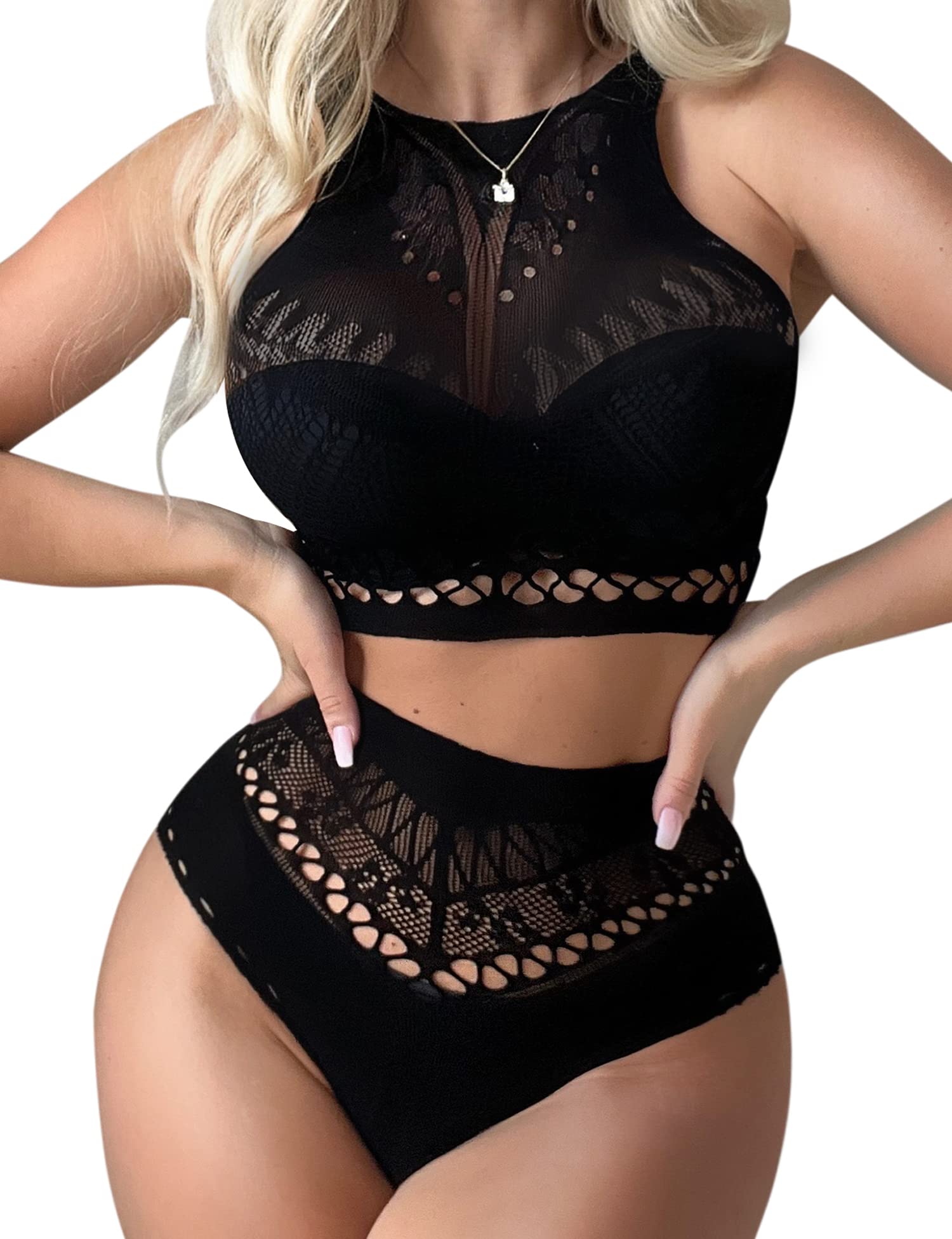 RSLOVE Fishnet Two-Way Fishnet Crop Top Panty set rete nero 2 pezzi