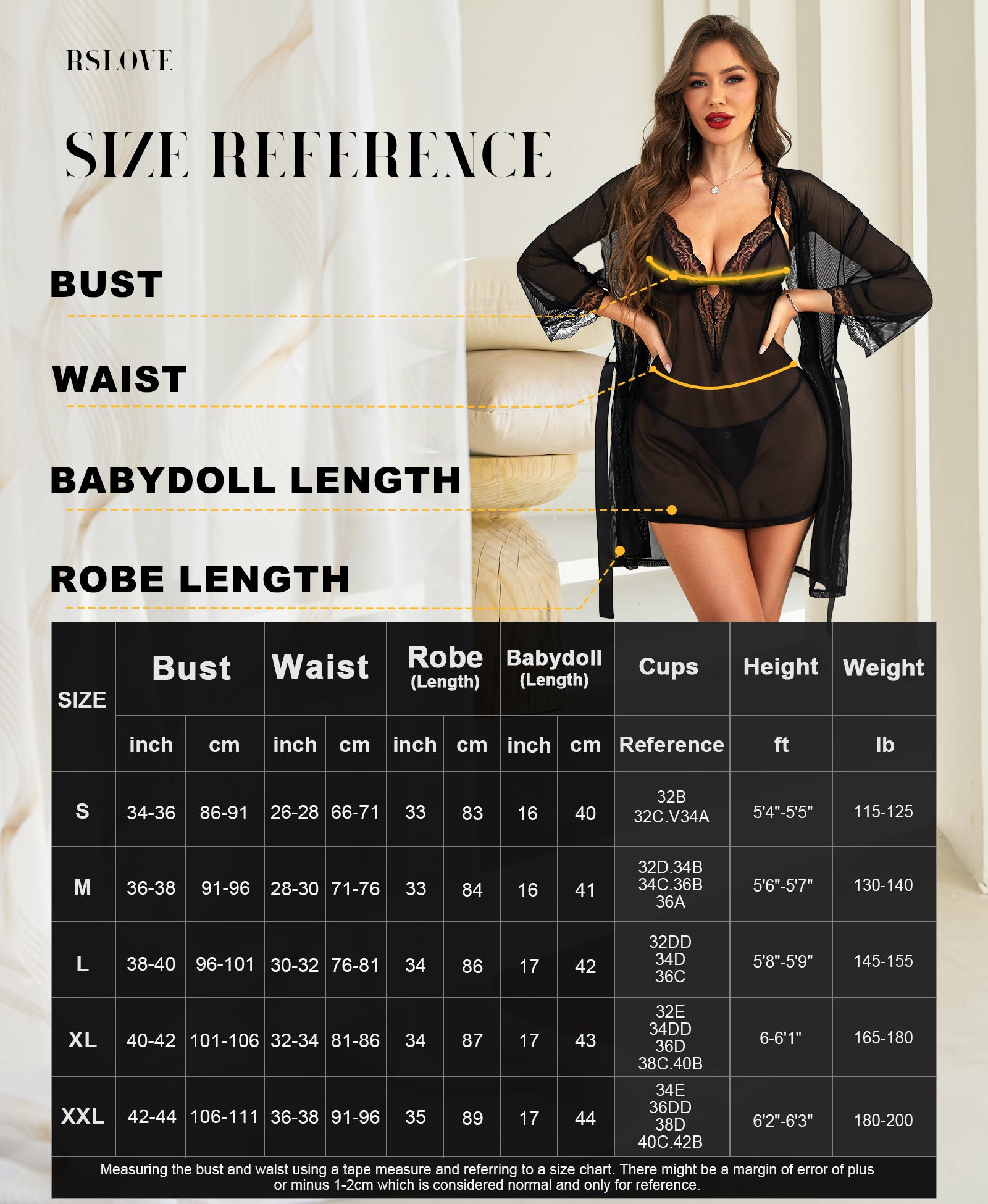 RSLOVE Robe completo babydoll in pizzo e vestaglia in rete nero 3 pezzi