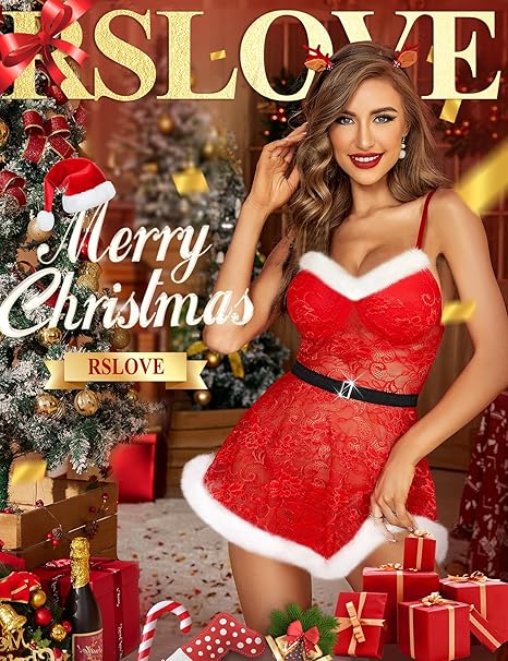 RSLOVE Costumes Christmas Lace Babydoll babydoll rosso con perizoma
