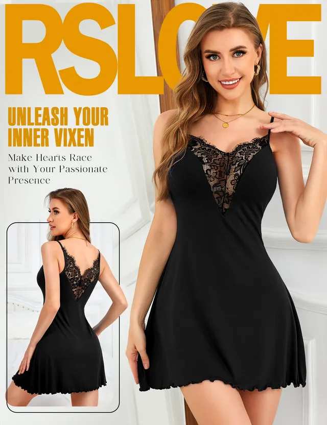 RSLOVE Babydoll Lace V Neck Babydoll Chemise nero taglia S-XXL pizzo