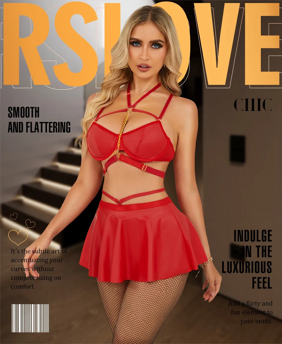 RSLOVE Lingerie Set completo push-up con minigonna nero effetto pelle
