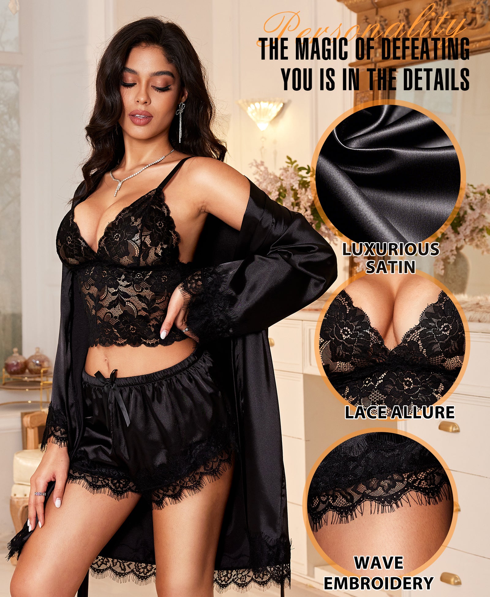 RSLOVE Robe 3 Piece Satin Robe Babydoll Chemise Set completo nero 3 pezzi in raso