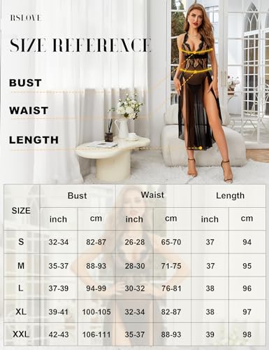 RSLOVE Babydoll abito da notte in pizzo con spacco e cintura, nero, taglia L