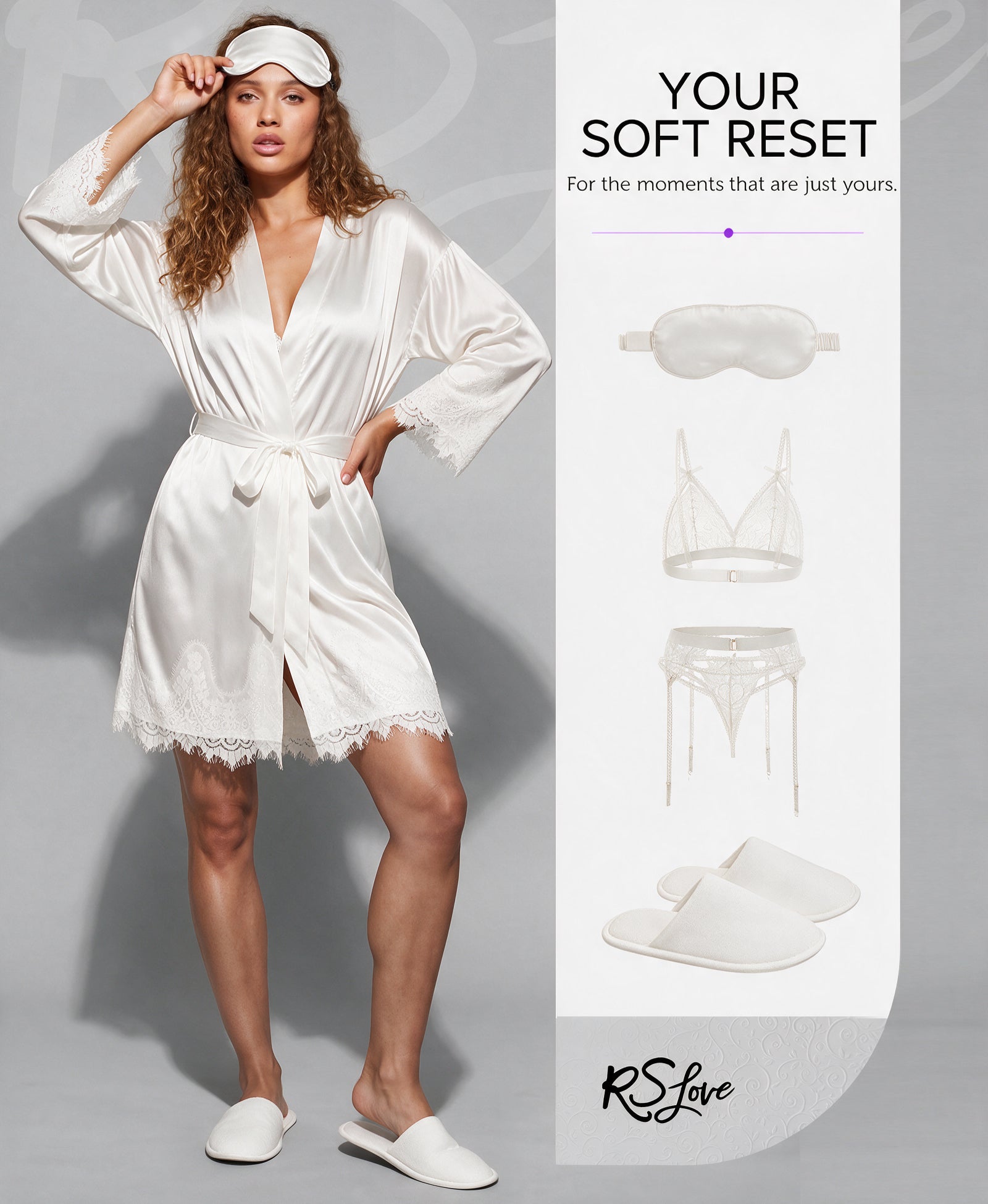 RSLOVE Robe Satin Kimono Robe with Lace Trim & Belt vestaglia raso bianca S