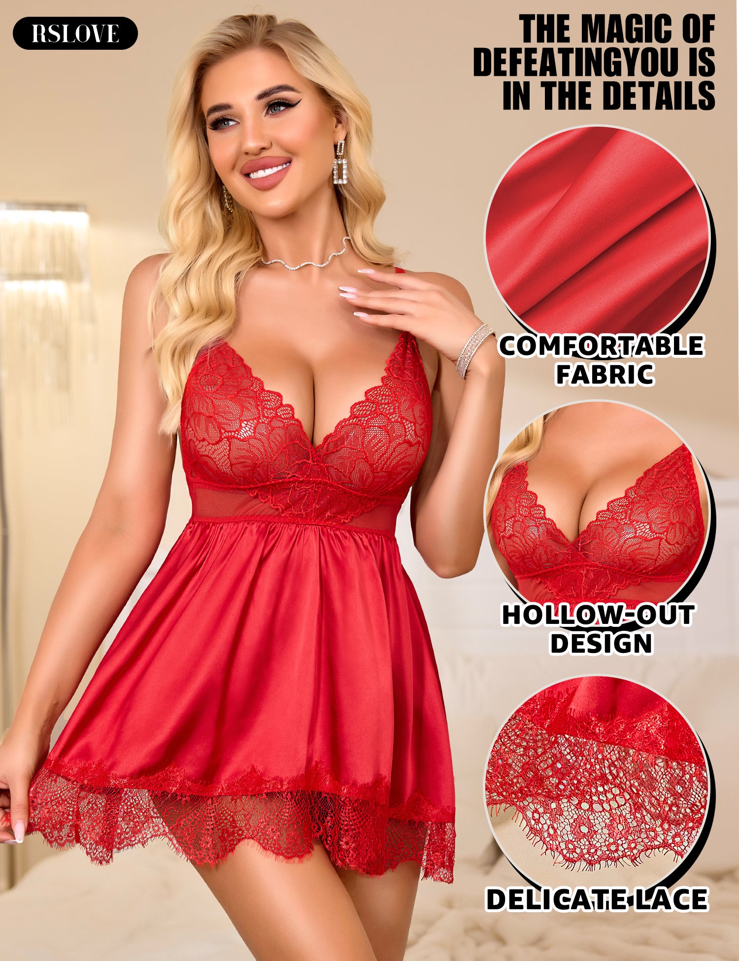 RSLOVE Lingerie Set 3 Piece Satin Lace Babydoll Chemise with Mask babydoll nero 3 pezzi