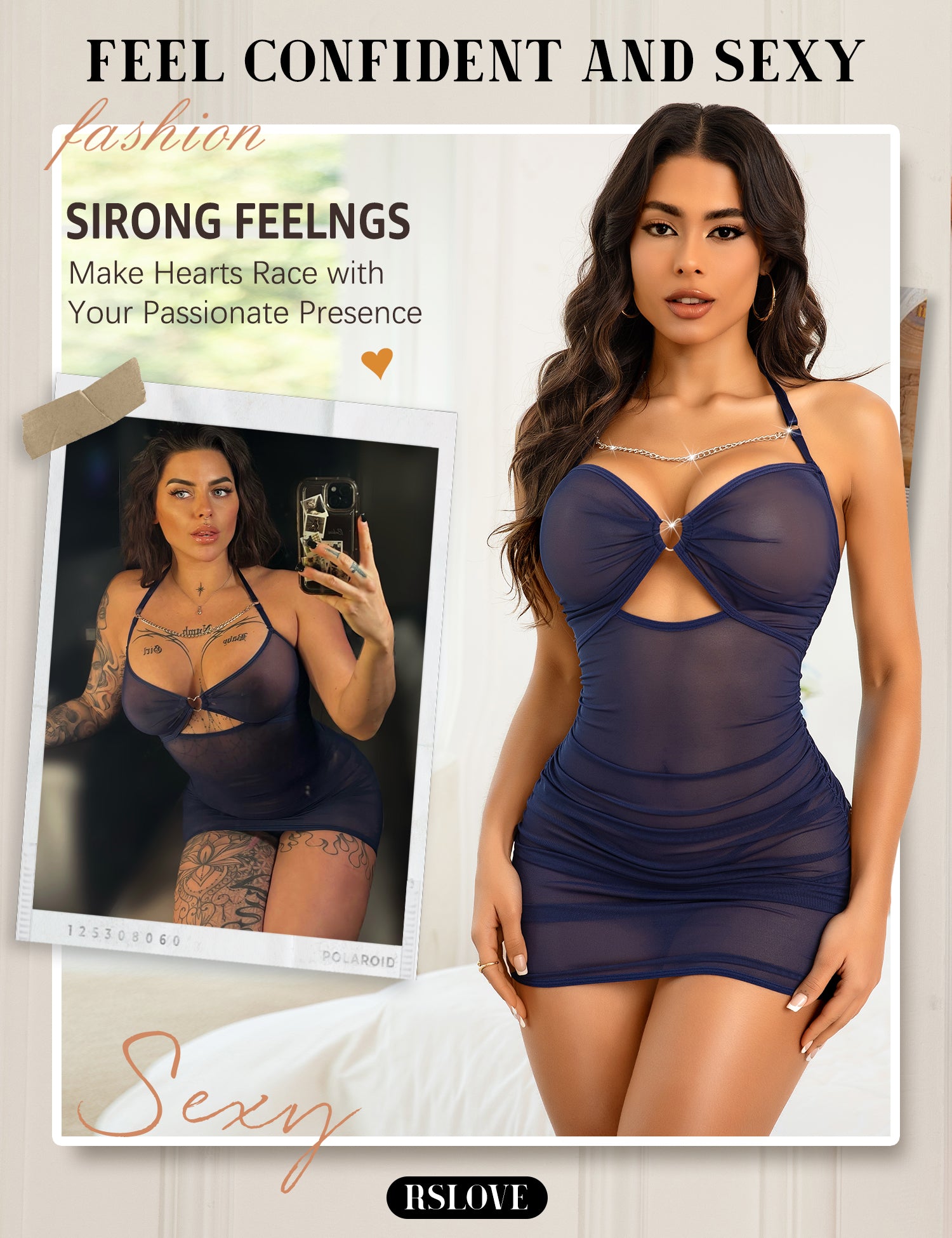RSLOVE Babydoll Pleated Mesh Halter Babydoll Chemise babydoll nero