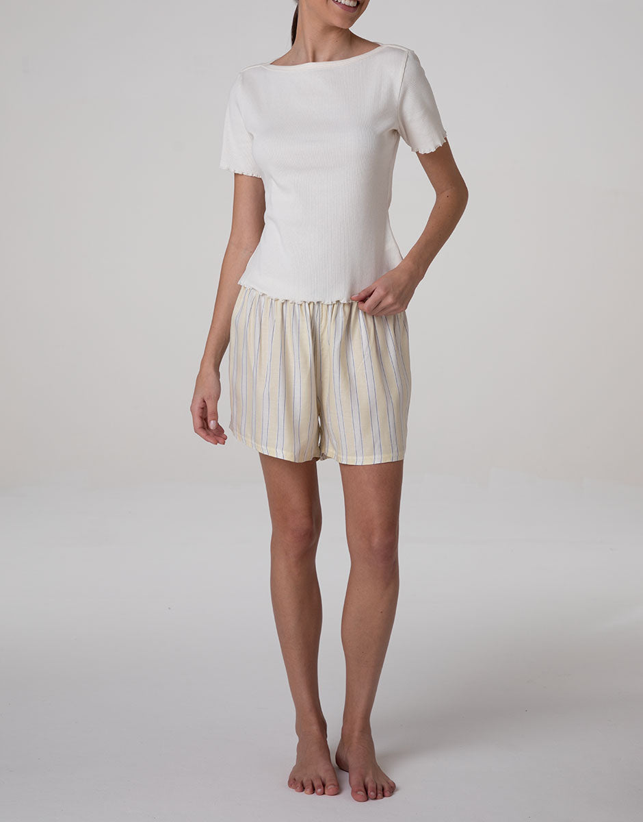 Lovable Basic Soul T-shirt scollo a barchetta in cotone a costine bianco latte