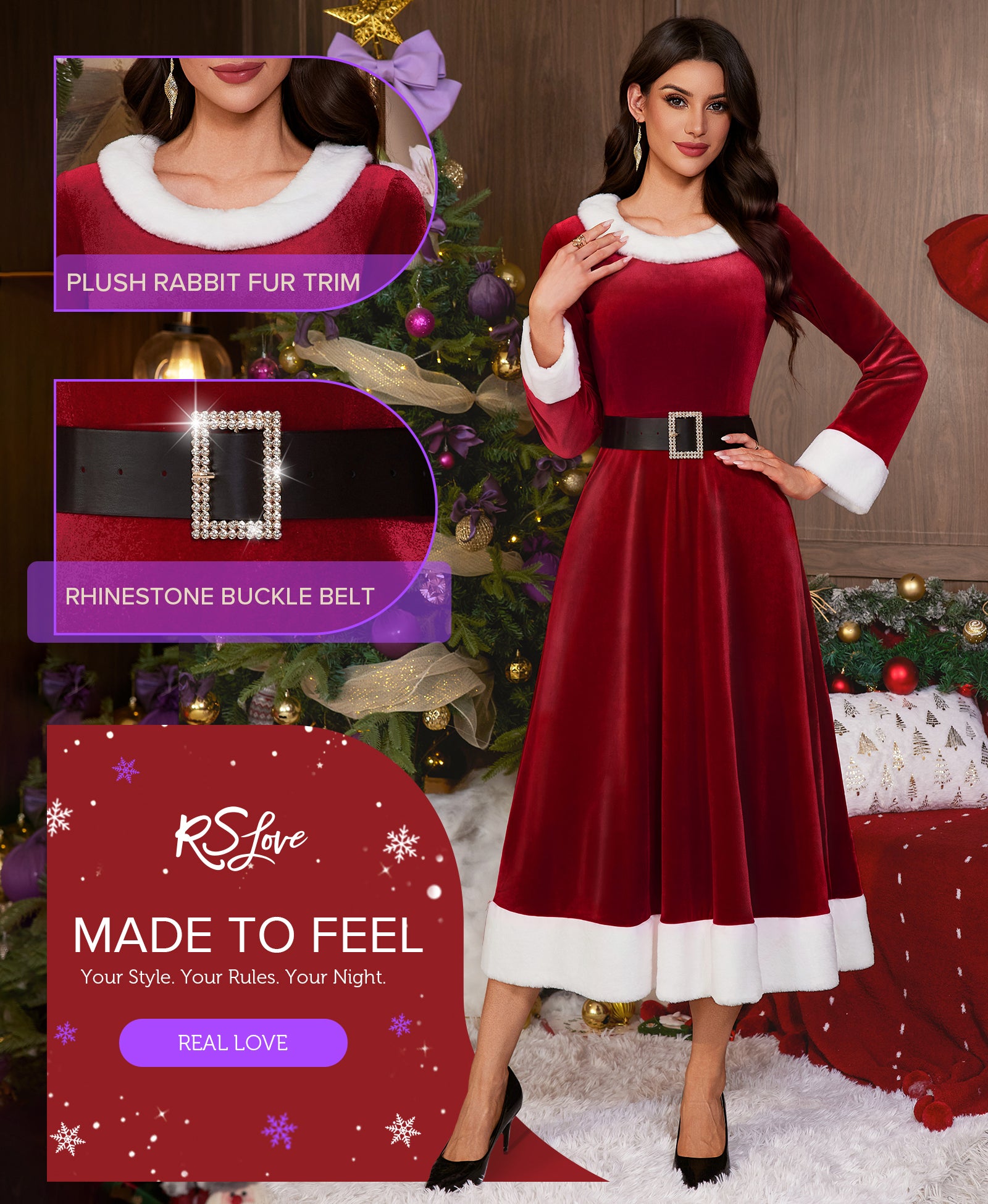 RSLOVE Costumes Mrs Claus Christmas Santa Dress vestito rosso con cintura