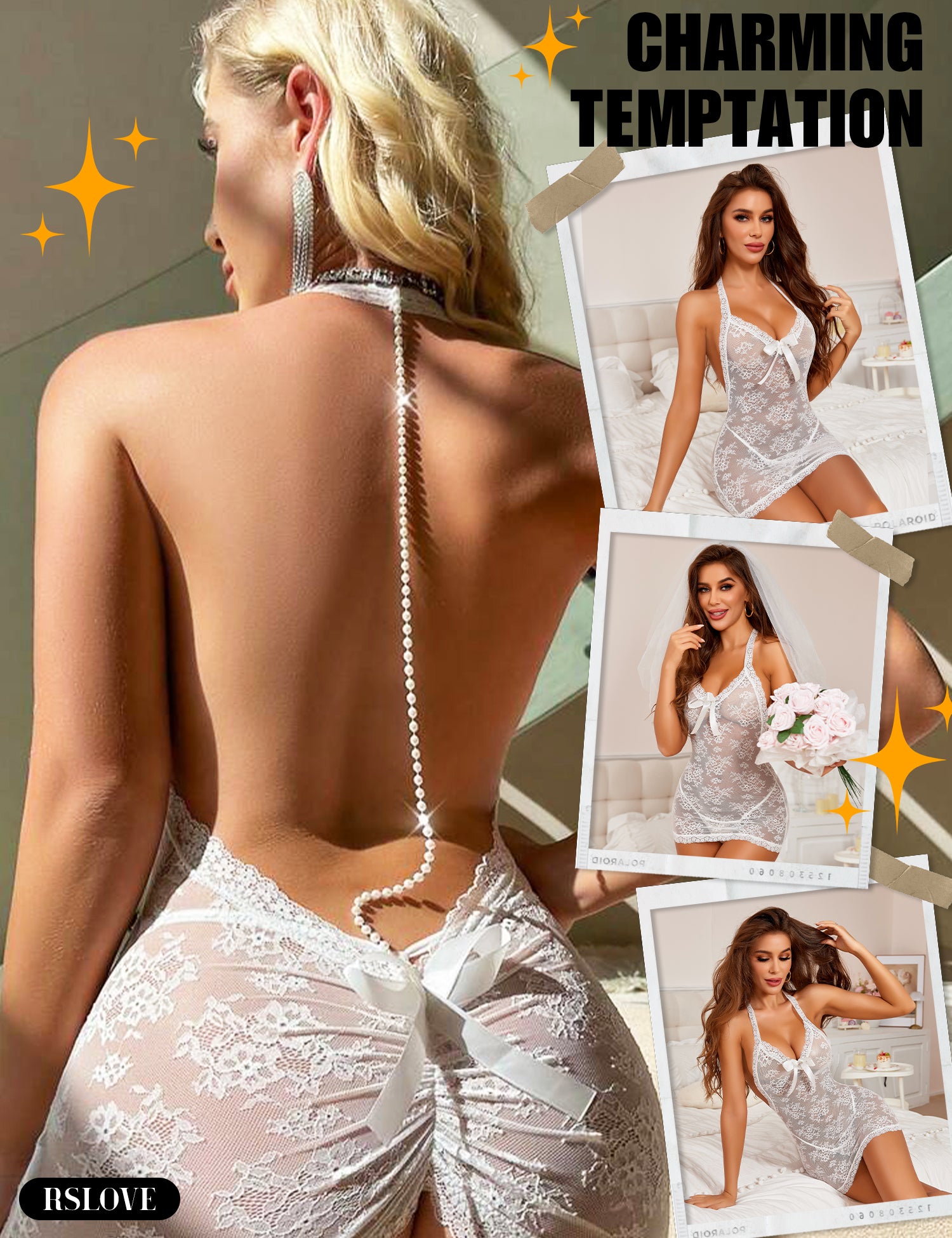 RSLOVE Babydoll Halter Lace Babydoll con fiocco e perle