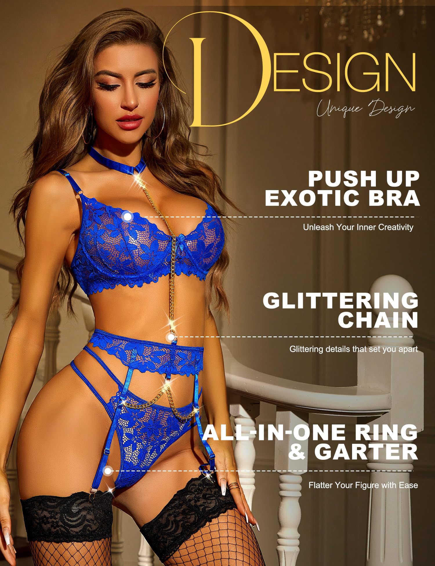 RSLOVE Garter Belt 3 Piece Lace Bra Thong & Choker Chain Garter lingerie blu