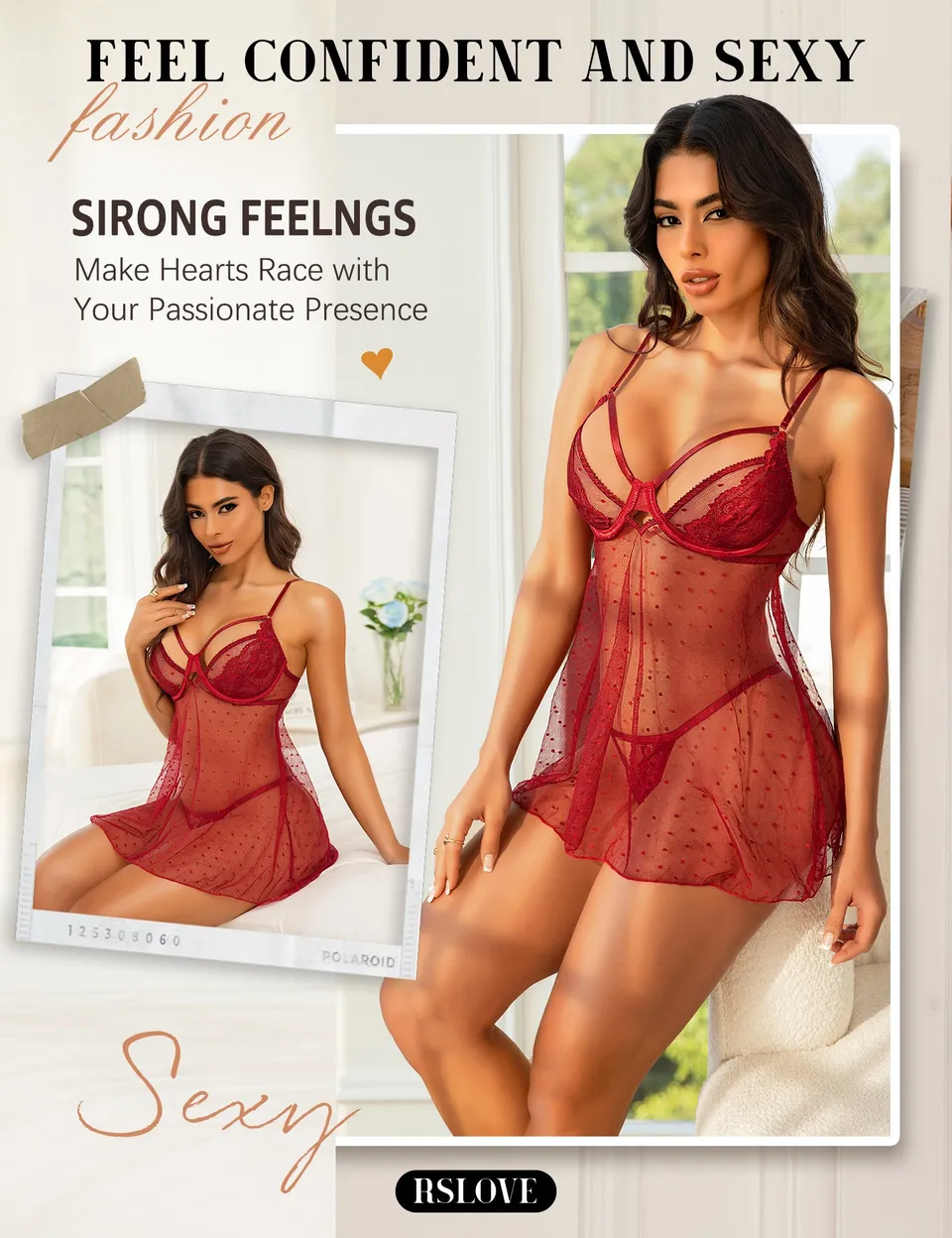 RSLOVE Babydoll Polka Dot Lace & Mesh Babydoll con perizoma